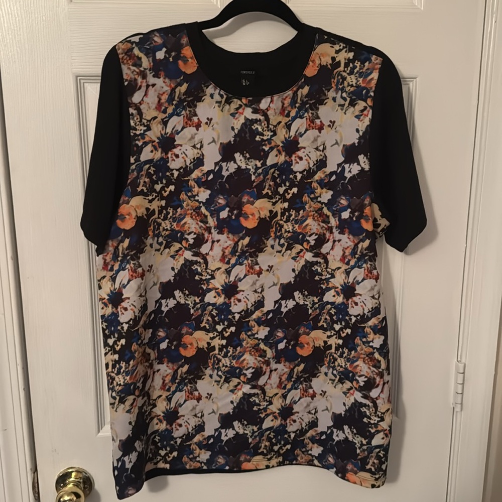 Forever 21 Blouse Size L Color Black Blue Yellow Orange Floral
